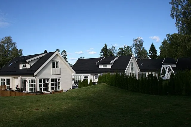 Hvit enebolig i boligfelt